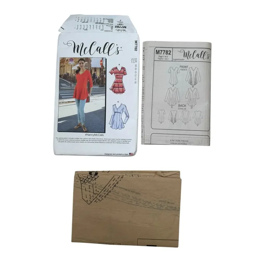 MCCALLS V-neck Tunic Top Flared Hem Pattern Uncut Size B5 8-10-12-14-16 #M7782